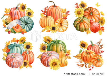 Autumn harmony pumpkins, leaves, sunflower flower, seasonal decor. Fall thanksgiving cozy pumpkins painted watercolor  118470708