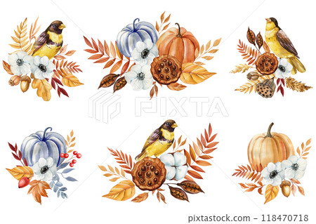Pumpkins and leaves, Autumn floral clipart, thanksgiving element, fall watercolor illustration isolated white background Pumpkins and leaves, Autumn floral clipart, thanksgiving element, fall watercolor illustration isolated white background 118470718