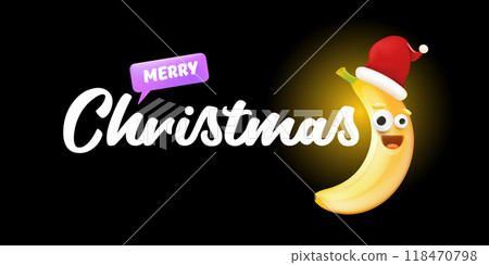 Merry Christmas horizontal greeting banner with funny cartoon banana character wearing santa red hat isolated on black background. Funny and cute Christmas card with smiling Banana monster Merry Christmas horizontal greeting banner with funny cartoon banana character wearing santa red hat isolated on black background. Funny and cute Christmas card with smiling Banana monster 118470798