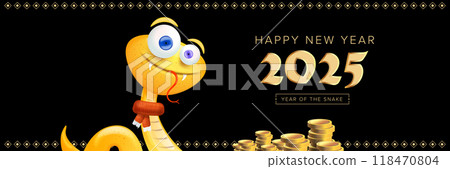 Happy Chinese New Year 2025 wide banner vector design with cute and elegant golden snake and golden coins isolated on black. Cartoon snake with scarf symbol of 2025 lunar year. New year illustration 118470804