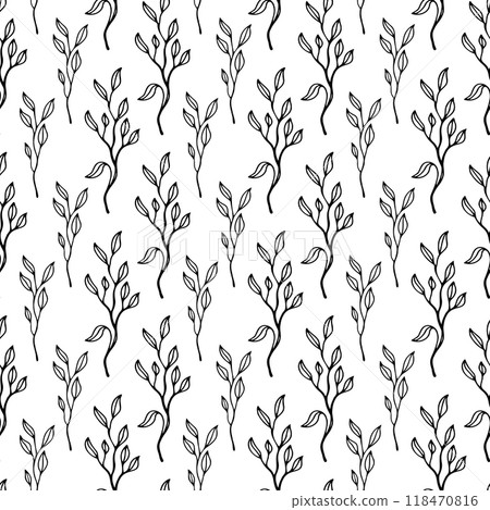 Leaves simple greenery seamless pattern with line art nature branch Leaves simple greenery seamless pattern with line art nature branch 118470816