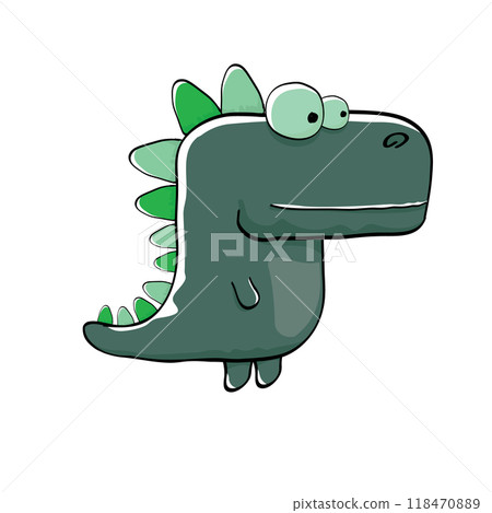 vector funny cartoon cute green monster dinosaur isolated on white background. Vector funny green mascot dragon. Hand drawn Dino logo design template 118470889