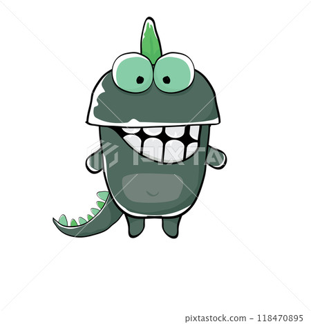 vector funny cartoon cute green monster dinosaur isolated on white background. Vector funny green mascot dragon. Hand drawn Dino logo design template 118470895