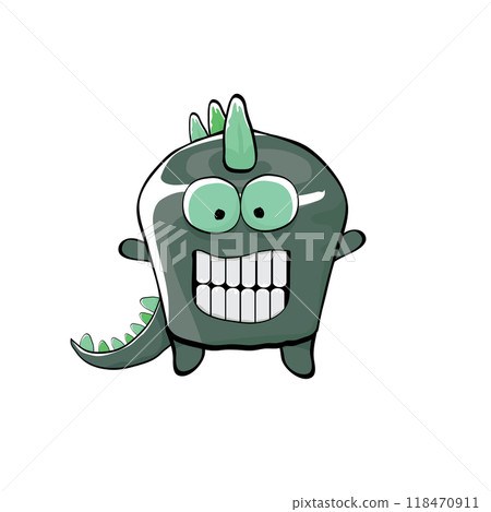 vector funny cartoon cute green monster dinosaur isolated on white background. Vector funny green mascot dragon. Hand drawn Dino logo design template 118470911