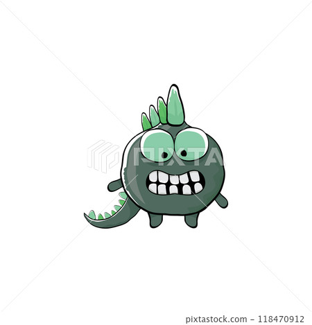 vector funny cartoon cute green monster dinosaur isolated on white background. Vector funny green mascot dragon. Hand drawn Dino logo design template 118470912
