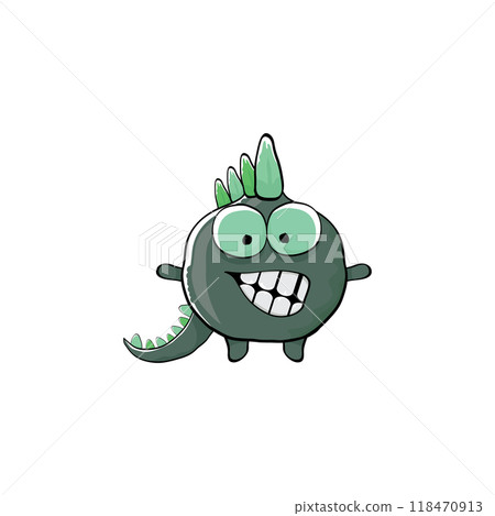 vector funny cartoon cute green monster dinosaur isolated on white background. Vector funny green mascot dragon. Hand drawn Dino logo design template 118470913