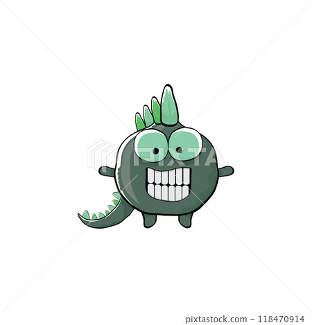 vector funny cartoon cute green monster dinosaur isolated on white background. Vector funny green mascot dragon. Hand drawn Dino logo design template 118470914