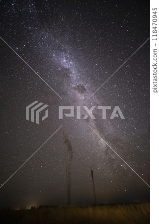Pampas landscape photographed at night with a starry sky, La Pampa province, Patagonia , Argentina. 118470945