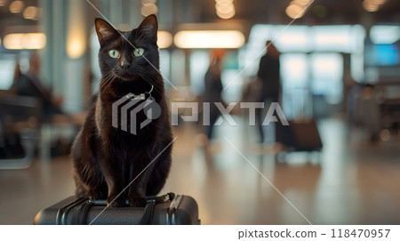 Black Cat Sitting on Luggage at the Airport 118470957