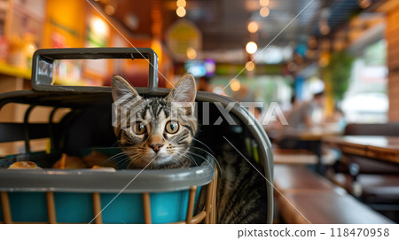 Curious Cat in a Pet Carrier at a Cafe 118470958