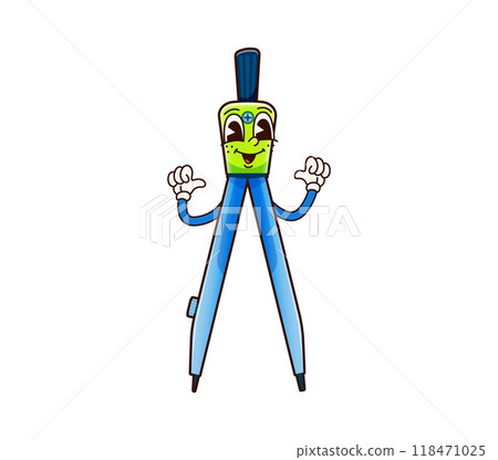 School education compass groovy character. Charming cartoon retro drawing and drafting tool personage with joyful expression, pointing on itself, embodies a fun and educational vibes for kids learning School education compass groovy character. Charming cartoon retro drawing and drafting tool personage with joyful expression, pointing on itself, embodies a fun and educational vibes for kids learning 118471025