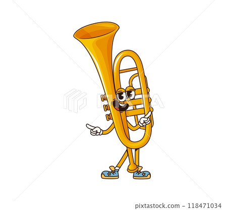 Cartoon trumpet groovy musical instrument character. Isolated vector funny horn, brass pipe personage with happy face and funky vibe invites into music school for educational classes or performance 118471034