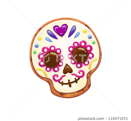 Mexican Dead Day biscuit cookie or skull cake for Dia de Los Muertos holiday, cartoon vector. Mexican calavera sugar skull with floral ornament as biscuit cookie or pastry dessert for Dead Day 118471051