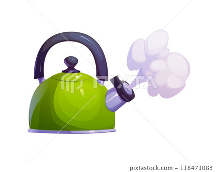 Boiling kettle, isolated cartoon vector green teapot with glossy surface, whistle and rounded handle, releasing steam from its spout. Retro household appliance, home utensil for cooking hot beverages Boiling kettle, isolated cartoon vector green teapot with glossy surface, whistle and rounded handle, releasing steam from its spout. Retro household appliance, home utensil for cooking hot beverages 118471083
