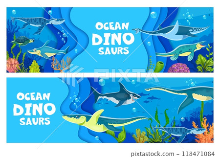 Underwater prehistoric dinosaurs and reptiles in paper cut waves. Vector 3d papercut banners feature the ocean trimming with ancient swimming dino animals, vibrant marine life and sea creatures Underwater prehistoric dinosaurs and reptiles in paper cut waves. Vector 3d papercut banners feature the ocean trimming with ancient swimming dino animals, vibrant marine life and sea creatures 118471084