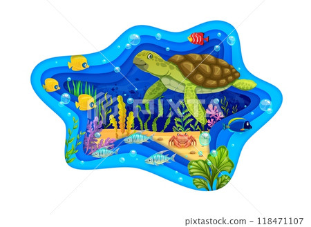Paper cut underwater landscape with turtle surrounded by vibrant fish, coral, seaweed, and a playful crab. Cartoon vector ocean, marine life, aquatic scene is framed by a wavy blue 3d papercut border 118471107