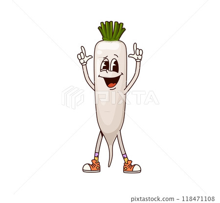 Groovy daikon vegetable character with big, expressive eyes and friendly smile, flashing pointing gestures. Isolated cartoon vector ripe and raw radish, healthy farm food personage exudes playful vibe 118471108