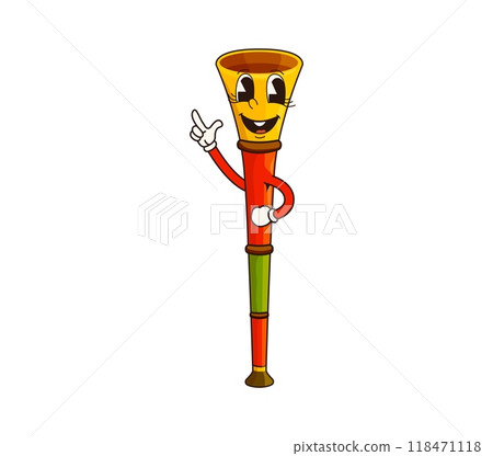 Cartoon vuvuzela groovy musical instrument character. Isolated vector bright pipe, funny comic trumpet personage with happy face, announcing birthday party, festival celebration or soccer tournament Cartoon vuvuzela groovy musical instrument character. Isolated vector bright pipe, funny comic trumpet personage with happy face, announcing birthday party, festival celebration or soccer tournament 118471118