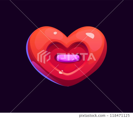 Cartoon heart button for game asset, bonus or award and GUI element, vector icon. Heart button with thread or love game asset or level bonus reward of energy power or health, life and prize trophy 118471125