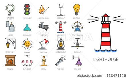 Lights and lamps color line icons of lantern and light bulb, lighthouse and candle, linear vector. Chandelier ceiling or floor lamp, burning match and fireplace with traffic lights or spotlight icon Lights and lamps color line icons of lantern and light bulb, lighthouse and candle, linear vector. Chandelier ceiling or floor lamp, burning match and fireplace with traffic lights or spotlight icon 118471126