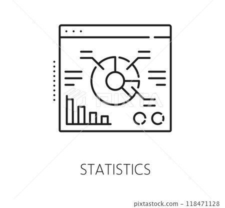 Data analytics and statistics analysis line icon. Company business data analytics outline icon, finance strategy presentation or database infographics linear vector symbol with graphs 118471128
