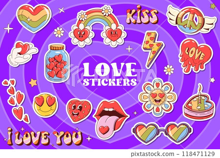 Retro y2k groovy love stickers pack. Vibrant hearts in glass jar, peace signs, rainbow and emotive expressions, daisy flower and mouth with nostalgic touch. Vector patches with playful, romantic vibe 118471129