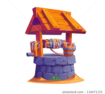 Cartoon wooden bucket and stone water well wood frame and stone base, a rope and bucket for drawing water from the ground. Vector rustic, cylindrical structure made of timber with a pitched roof 118471155