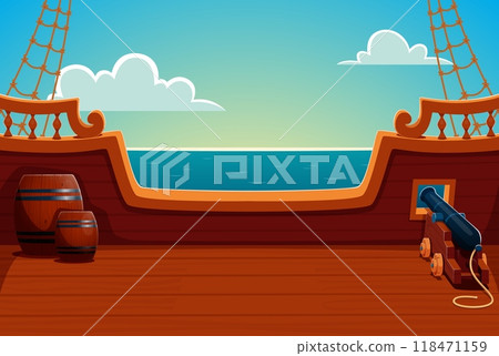 Pirate ship deck with wooden barrels and a cannon, set against a serene ocean backdrop. Cartoon vector game background captures the adventurous corsair spirit of maritime life and open sea exploration Pirate ship deck with wooden barrels and a cannon, set against a serene ocean backdrop. Cartoon vector game background captures the adventurous corsair spirit of maritime life and open sea exploration 118471159