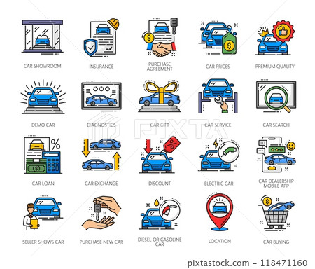 Dealership line icons of car trade or automobile showroom, vector symbols. Dealership line icons of car seller or auto dealer, car purchase loan, buy and rent with service, insurance and diagnostics 118471160