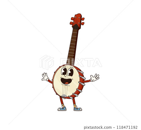 Cartoon banjo groovy musical instrument character. Isolated vector plucked fantasy personage with long vulture and strings playing folk, country, ethnic music. American vintage smiling instrument Cartoon banjo groovy musical instrument character. Isolated vector plucked fantasy personage with long vulture and strings playing folk, country, ethnic music. American vintage smiling instrument 118471192