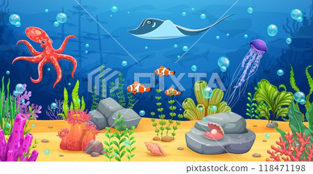 Underwater game landscape with sunken ship and sea animals such as octopus, clownfish and jellyfish, stingray and whale silhouette. Cartoon vector ocean floor thrives with coral, rocks, and plant life Underwater game landscape with sunken ship and sea animals such as octopus, clownfish and jellyfish, stingray and whale silhouette. Cartoon vector ocean floor thrives with coral, rocks, and plant life 118471198