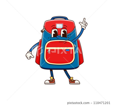 School backpack groovy character. Isolated cartoon vector retro bag or rucksack personage with a friendly face, and pointing up gesture, ready for children education and back-to-school adventures School backpack groovy character. Isolated cartoon vector retro bag or rucksack personage with a friendly face, and pointing up gesture, ready for children education and back-to-school adventures 118471201