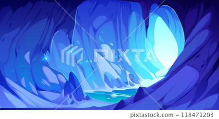 Ice cave landscape, illuminated by a glowing blue light. Cartoon vector majestic scene captures the ethereal beauty and tranquility of an untouched, natural icy cavern with frozen water and icicles 118471203