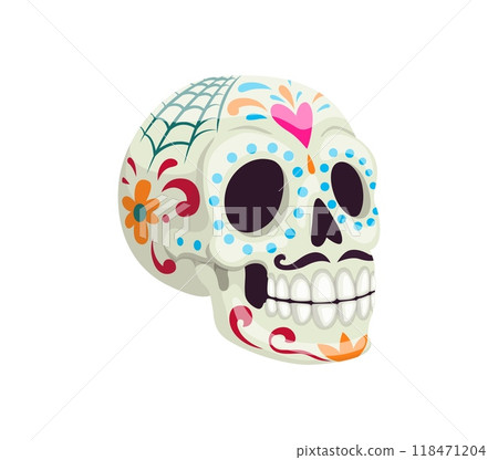 Cartoon day of the dead dia de los muertos sugar calavera skull featuring intricate and vibrant floral patterns. Traditional calaca head, festive decoration for holiday celebration, or Mexican culture Cartoon day of the dead dia de los muertos sugar calavera skull featuring intricate and vibrant floral patterns. Traditional calaca head, festive decoration for holiday celebration, or Mexican culture 118471204