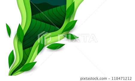 Paper cut tea plantations featuring 3d layered frame with vibrant green leaves and lush tea plantation field hills foliage. Vector natural and eco-friendly theme of agriculture, environment and nature 118471212
