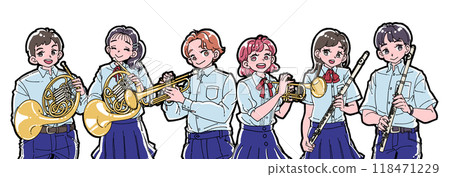Illustration of six smiling people holding musical instruments 118471229