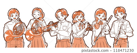 六個微笑的人拿著樂器的插圖 118471230