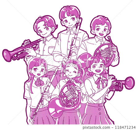 六個微笑的人拿著樂器的插圖 118471234