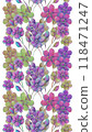 Festive seamless floral border with purple and green flowers on white background 118471247