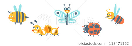 Funny Insect as Small Garden Pest with Cute Smiling Face Vector Set 118471362
