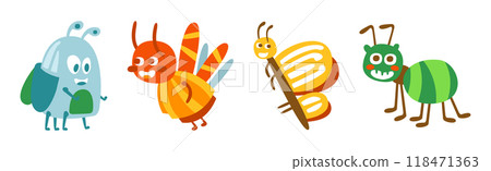 Funny Insect as Small Garden Pest with Cute Smiling Face Vector Set 118471363