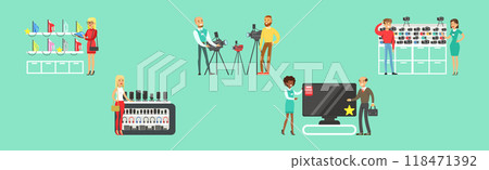 Smiling People Character In Electronic Store Shopping Vector Set Smiling People Character In Electronic Store Shopping Vector Set 118471392