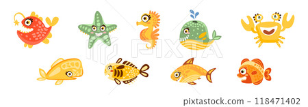 Sea Mammal and Underwater Cute Animal Swim in Ocean Vector Set 118471402