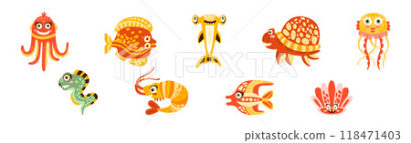 Sea Mammal and Underwater Cute Animal Swim in Ocean Vector Set Sea Mammal and Underwater Cute Animal Swim in Ocean Vector Set 118471403