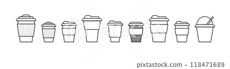 Coffee cup line and flat style. Disposable coffee cup. Coffee paper cup container for hot and cold drink juice tea cocoa. Vector Coffee cup line and flat style. Disposable coffee cup. Coffee paper cup container for hot and cold drink juice tea cocoa. Vector 118471689