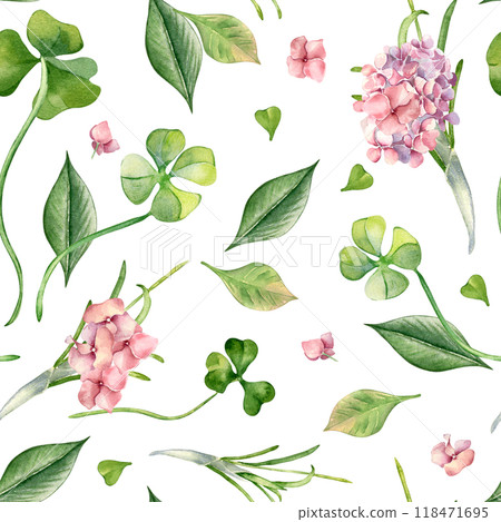 Floral seamless pattern and leaves by watercolor isolated. Repeated background with clover and pink hydrangea hand drawn. Spring flowers and herb painted in botanical realistic art. Design textile 118471695