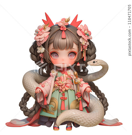 可愛的女孩穿著新年和服和白蛇軟乙烯基娃娃風格新年賀卡材料 118471705