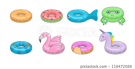 Cartoon Color Summer Pool Rubber Ring Set Concept Flat Design Style. Vector illustration of Inflatable Ring for Swimming Cartoon Color Summer Pool Rubber Ring Set Concept Flat Design Style. Vector illustration of Inflatable Ring for Swimming 118472089