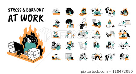 Cartoon Color Stress and Burnout at Work Concept Set Flat Design Style. Vector illustration of Scenes with Exhausted Women, Men and Mental Overload Cartoon Color Stress and Burnout at Work Concept Set Flat Design Style. Vector illustration of Scenes with Exhausted Women, Men and Mental Overload 118472090