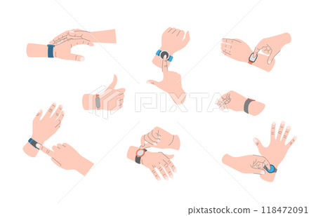 Cartoon Color Different Hands Gestures with Smart Watch Set Digital Technology Concept Flat Design Style. Vector illustration of Wristwatch Cartoon Color Different Hands Gestures with Smart Watch Set Digital Technology Concept Flat Design Style. Vector illustration of Wristwatch 118472091